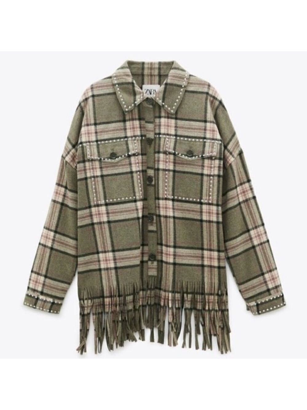 ** ZARA Blogger FAV Studded Plaid Fringe Shacket Size S
